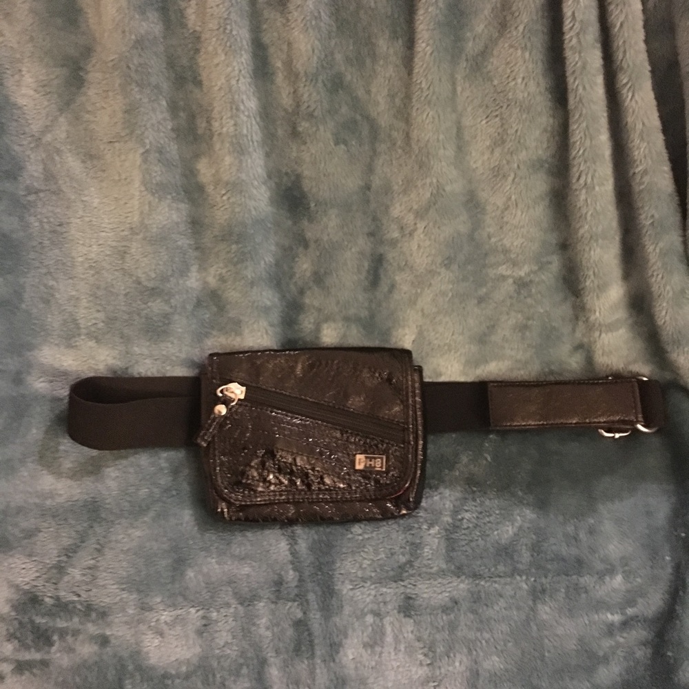 Black patent leather Bebe belt pouch